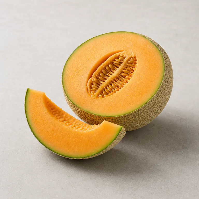 Melão cantaloupe (cortado) em uma superfície neutra