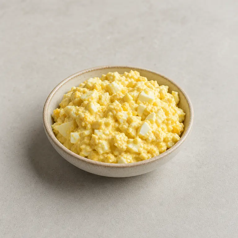 Ensalada de huevo sobre una superficie neutra