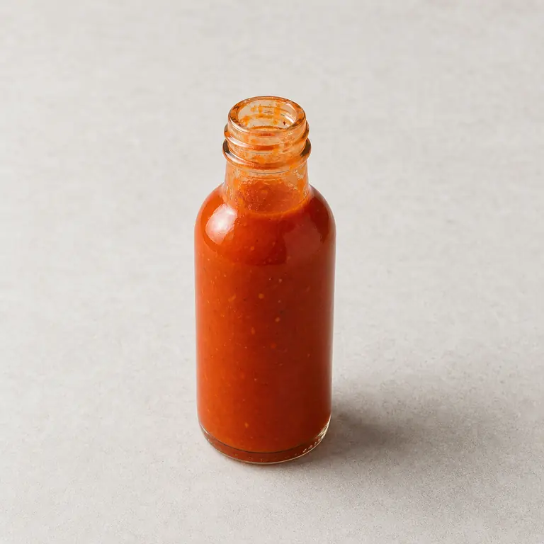 Salsa picante (abierto) sobre una superficie neutra