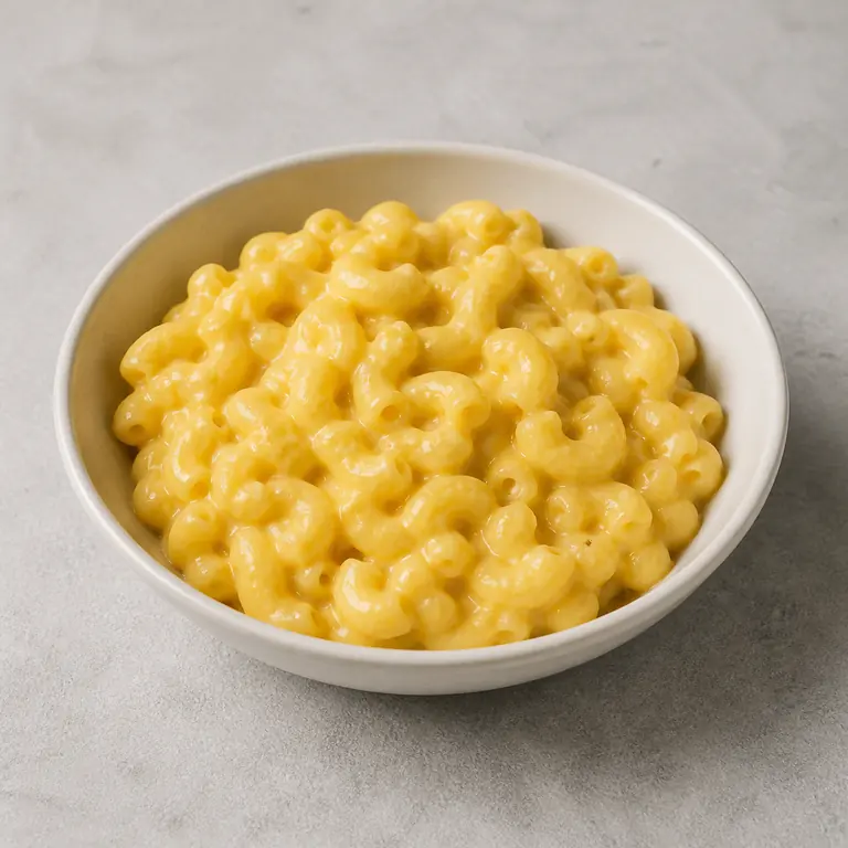Macarrones con queso (cocido) sobre una superficie neutra