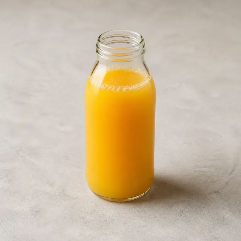 Jugo de naranja (abierto) sobre una superficie neutra