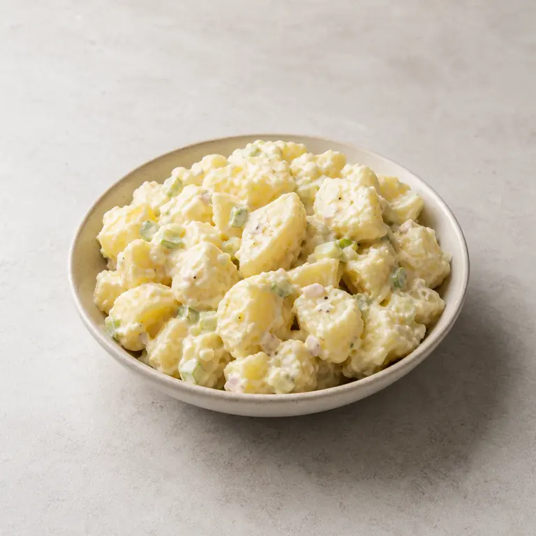 Ensalada de papa sobre una superficie neutra