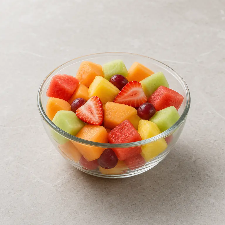 Mezcla de fruta precortada sobre una superficie neutra