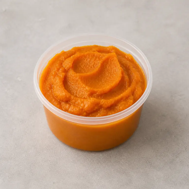 Puré de calabaza (abierto) sobre una superficie neutra