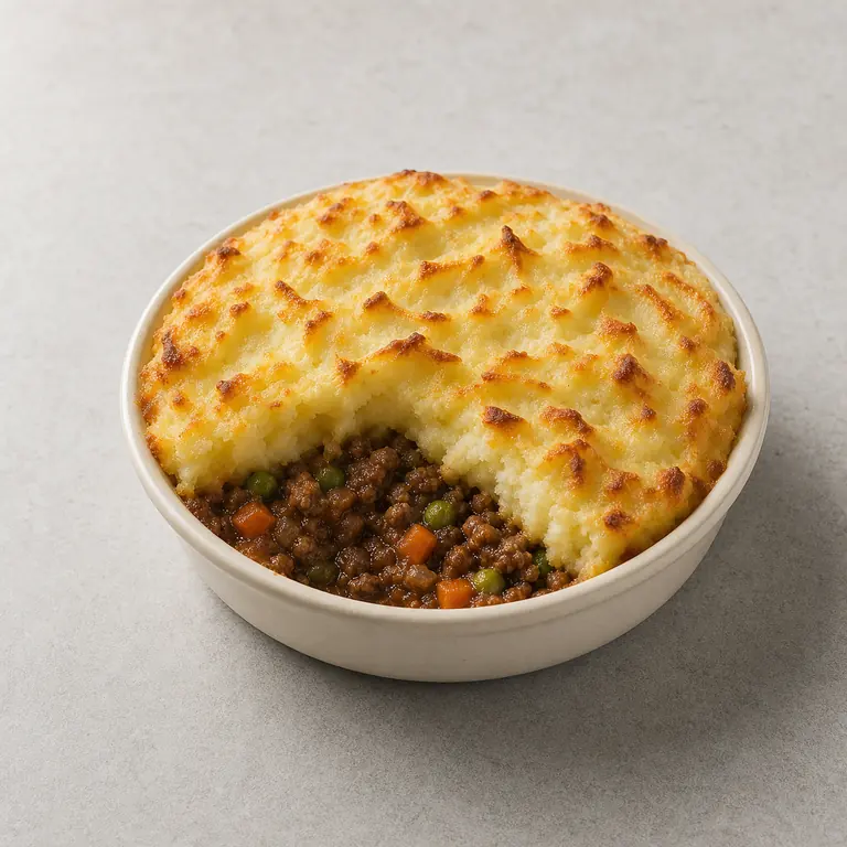 Shepherd's pie (cozido) em uma superfície neutra